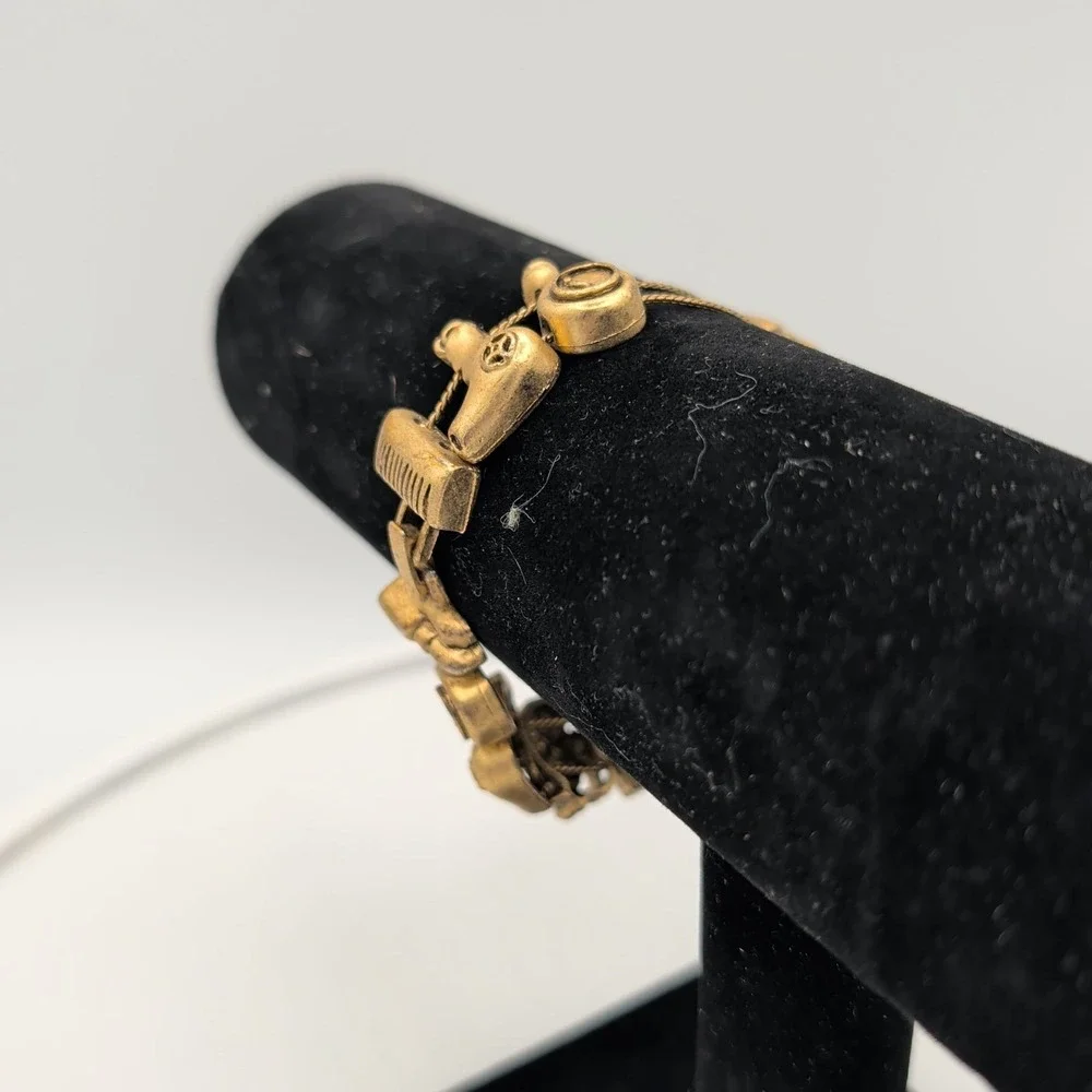 Vintage Gold Tone Hairdresser Salon Stylist Charm Bracelet Comb Mirror Dryer‎